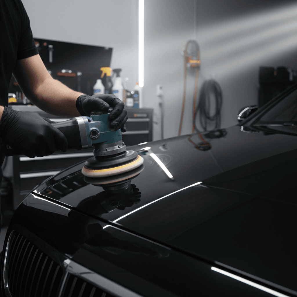 Professional detailer polishing a glossy sedan hood in a sunny driveway