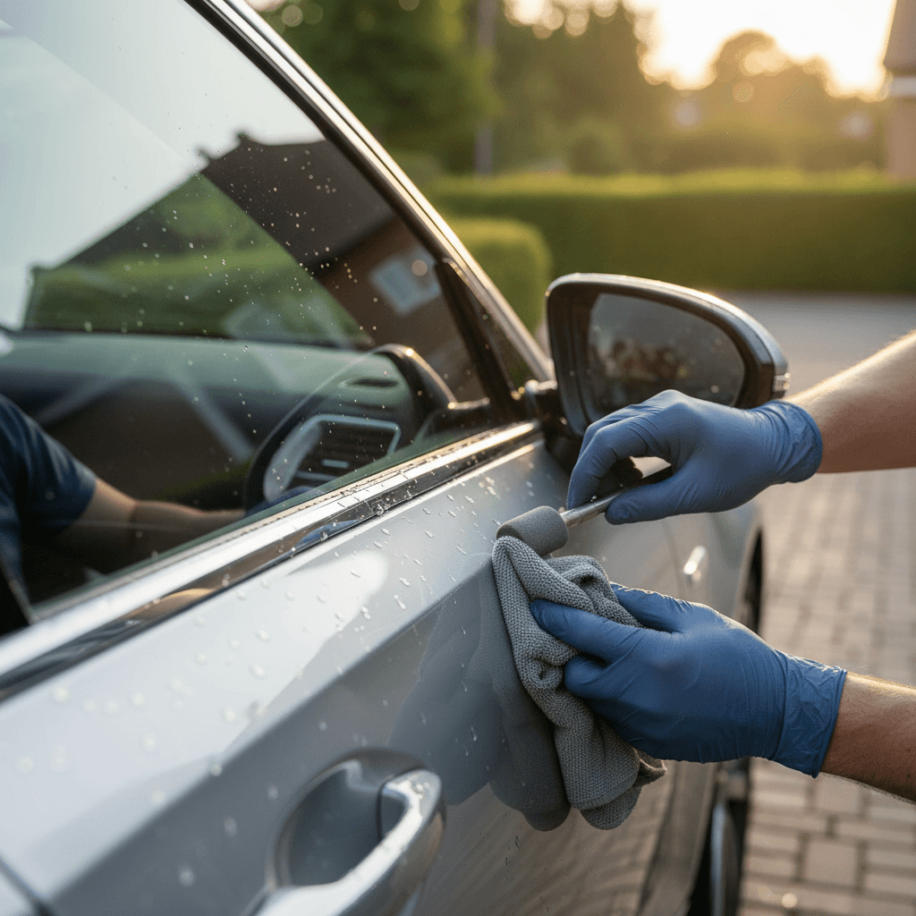 Technician hand polishing a glossy black car panel in a driveway