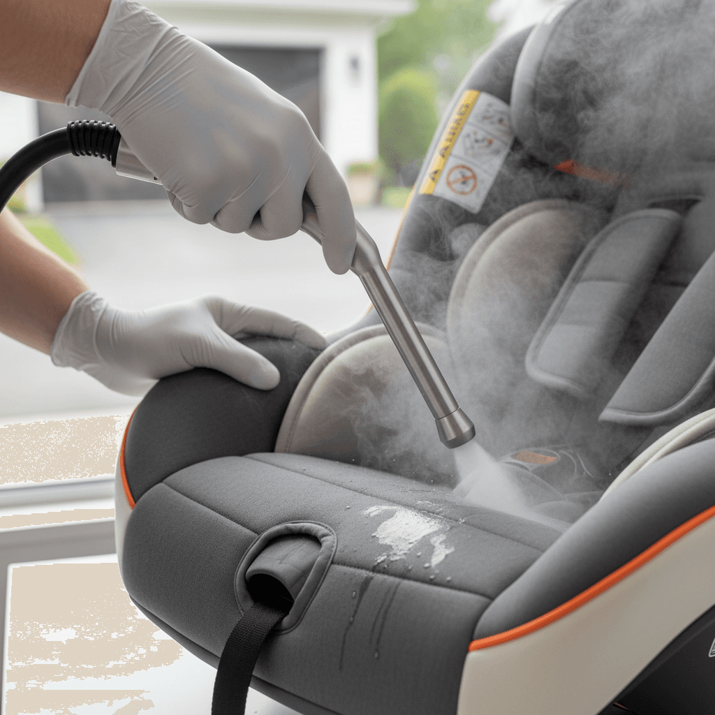 Detailer deep cleaning a car seat with steam