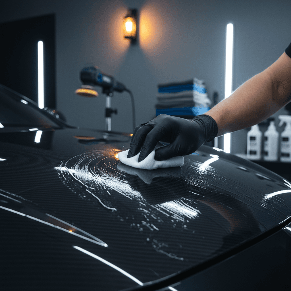 Technician applying ceramic coating to a dark car door with a microfiber applicator