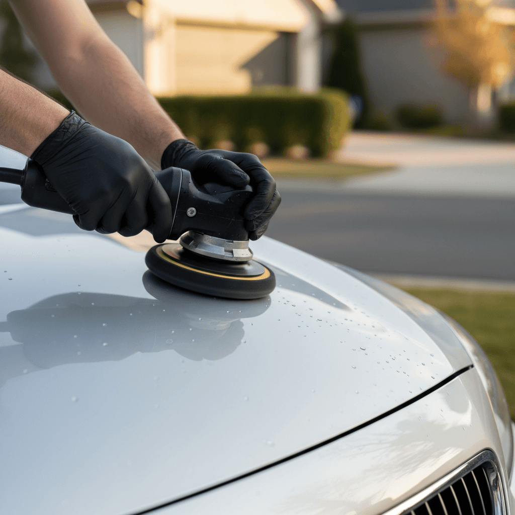 Mobile detailer polishing a dark sedan in a suburban Melbourne driveway
